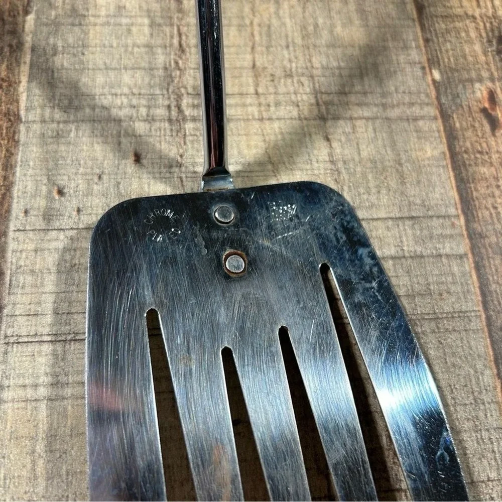 Vintage Foley USA Chrome Slotted Spatula Black Handle Mid Century 11.5